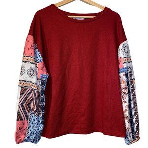 CUPSHE Maroon Waffle Textured Top Small Womens Bubble Sleeve Red Polyester Boho